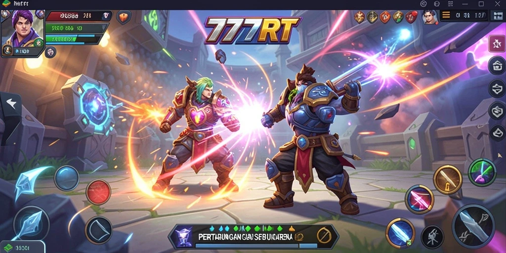 Gameplay seru dari 777RT yang menunjukkan aksi pertempuran MOBA.